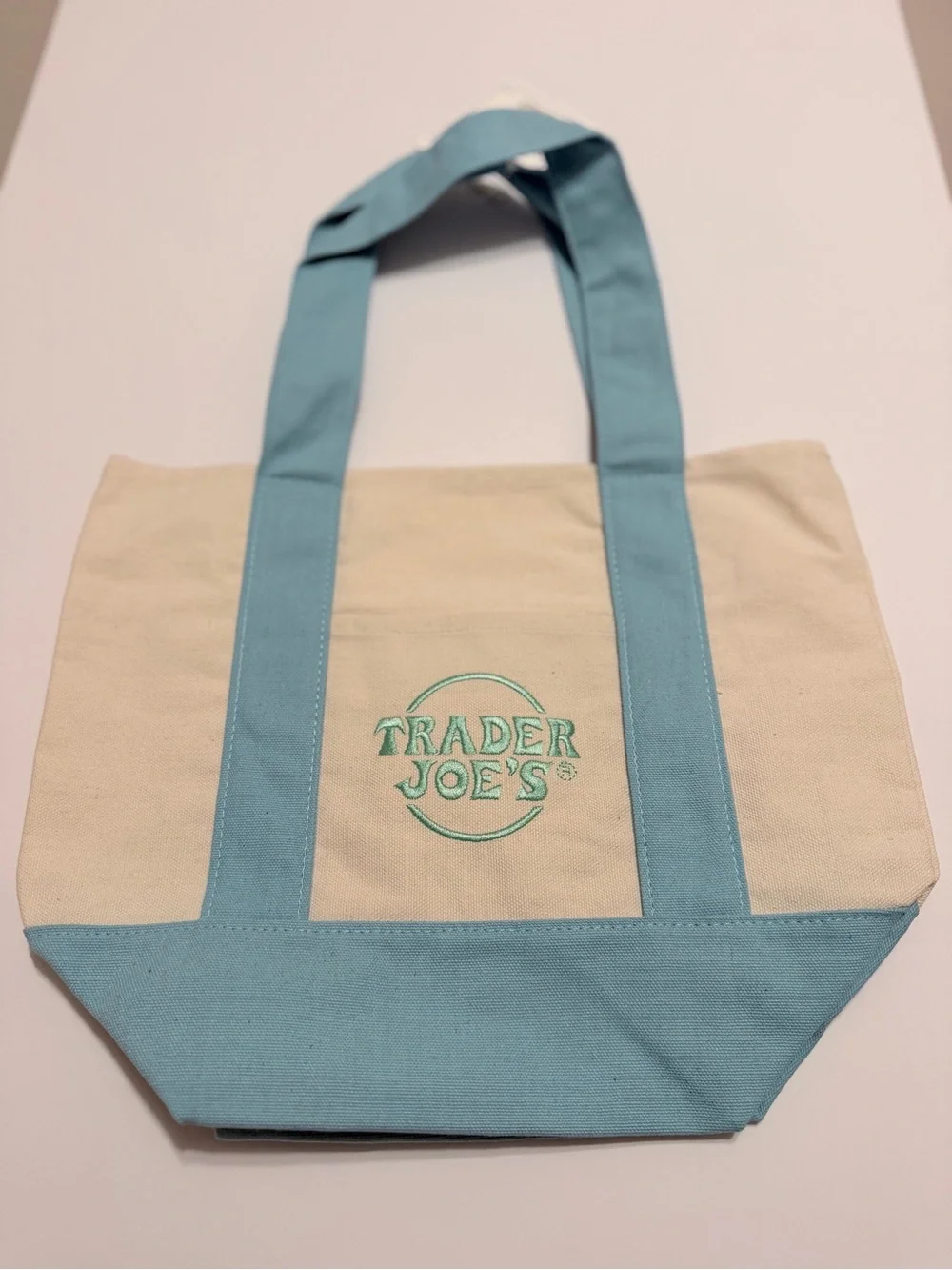 Trader Joe's Mini Pastel Canvas Tote Bag Light Blue Cream‎ Embroidered Logo NWT
